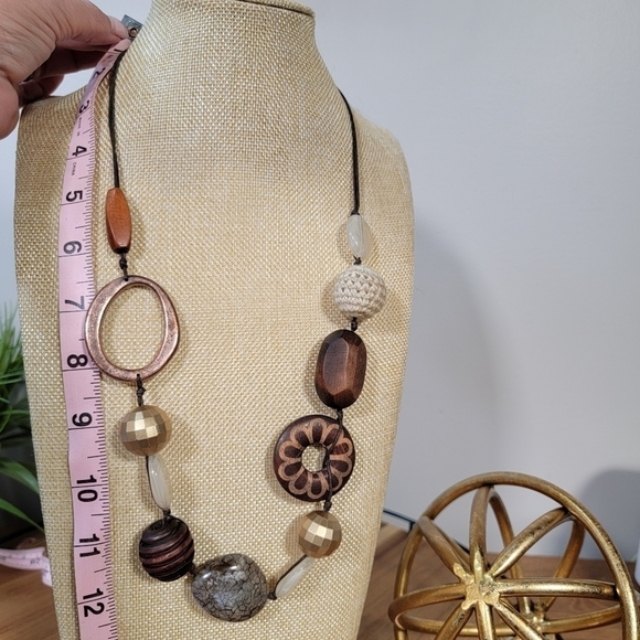 Statement Necklace Wooden Beads Copper Tone Ring Crochet Textured Boho - Picture 9 of 9